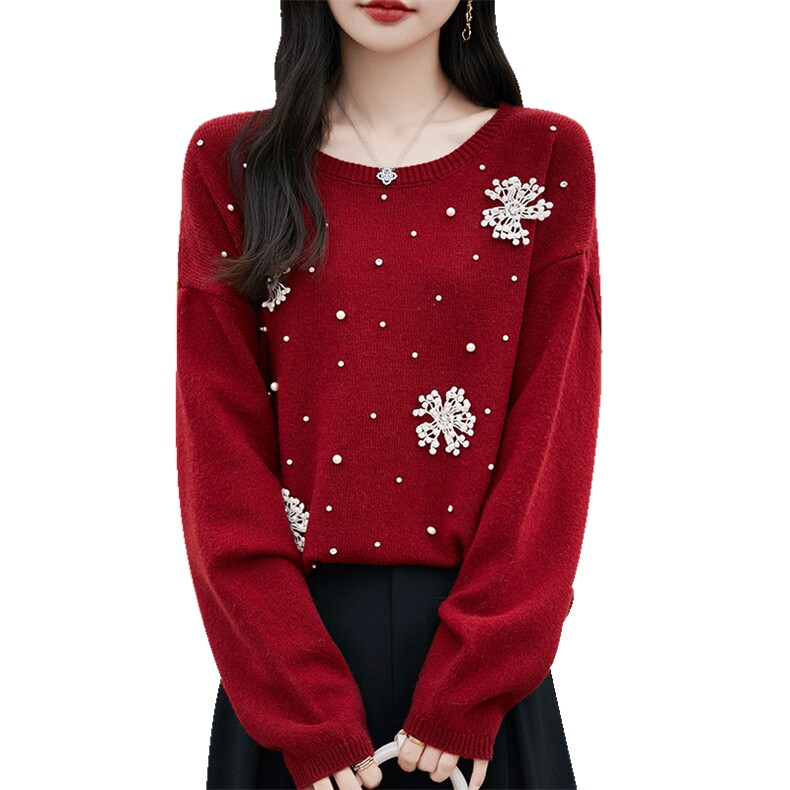 重工钉珠针织打底衫女圆领套头宽松保暖显瘦加厚毛衣2025新款毛衫,针织衫/毛衣,佳绒高端店