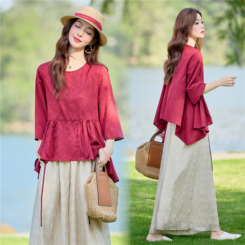 新中式休闲套装女春夏宽松系腰带显瘦七分袖上衣气质裙裤两件套，女装套装/套裙，水衣源