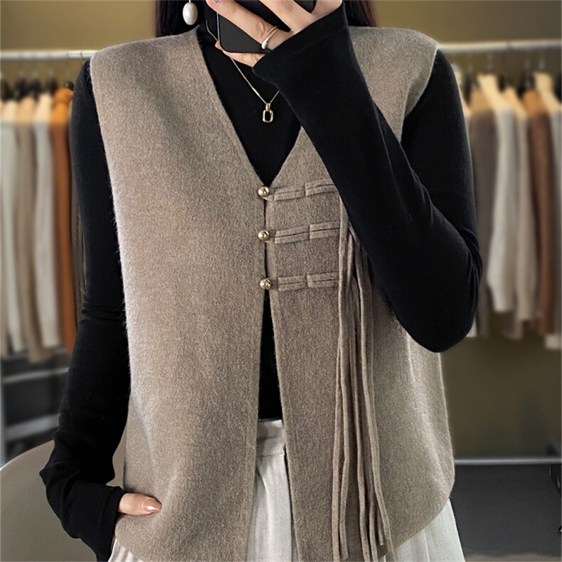 中式流苏针织开衫马甲女外套坎肩毛衣叠穿外搭宽松高级感气质上衣，女装马甲，暖姿羊绒