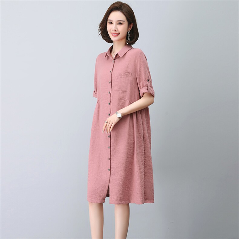 大码连衣裙女2023新款夏季衬衫裙宽松显瘦休闲妈妈气质裙子,女装连衣裙,忆绮罗
