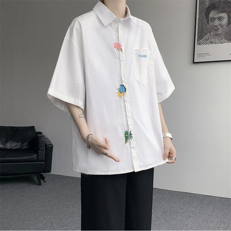 设计感重工花卉刺绣短袖衬衫高级大码美式痞帅衬衣外套DC5011/P45,男装衬衫,电商B238