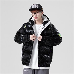 仓库现货立领潮牌修身宽松鲨鱼皮面料情侣白鸭绒羽绒服图片