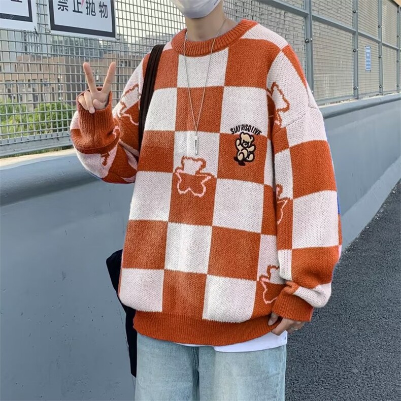 秋冬款ins圆领套头宽松格子毛衣男港风潮牌休闲百搭线衣M747-P40,男装针织衫/毛衣,星座512-2