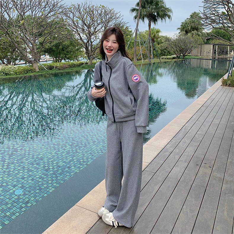 灰色休闲运动卫衣套装女2025春季新款韩系超火减龄阔腿长裤两件套图片