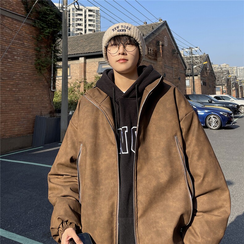 港风PU皮复古做旧双侧金属拉链夹克式加棉棉衣男MY77092P130控198，男装夹克，星座227-7