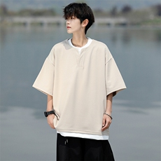 8XL-M重磅斜纹假两件短袖t恤男夏季薄款宽松大码半袖体恤DT006P45，男装T恤，电商B312