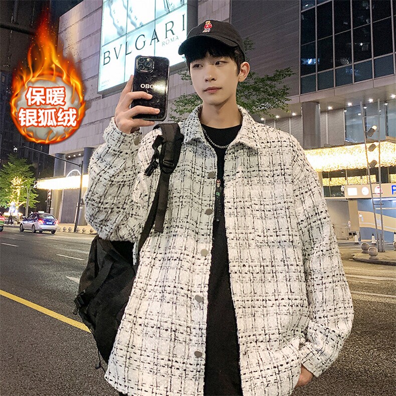 冬款港风大码加绒加厚夹克男千鸟格翻领长袖外套J25025J加绒-P80，男装夹克，电商A001-1