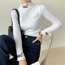 欧货加绒加厚半高领打底衫女2022秋冬t恤刺绣修身上衣潮，女装针织衫/毛衣，潮品会