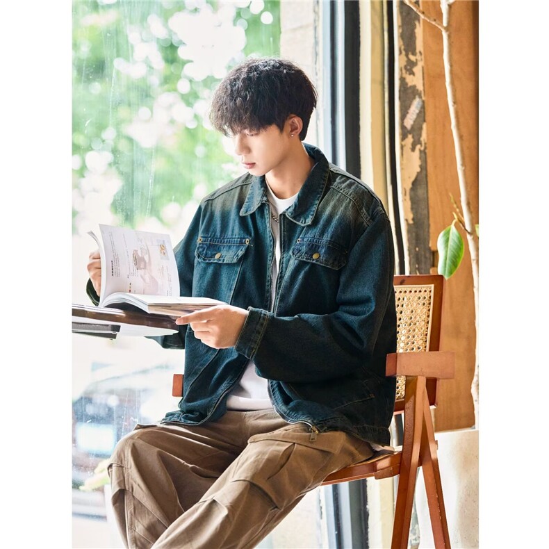 美式做旧水洗落色撞钉牛仔外套男潮宽松休闲痞帅百搭工装夹克上衣，男装工装外套，星座601-2