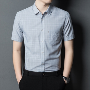 FC21PS2526夏季2023年男式薄款短袖衬衣修身格子简约浅色衬衫P60图片