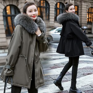 棉衣/棉服2021新款冬仿羊羔毛中长款工装带帽派克服女外套配毛领图片