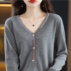 V领拼色羊毛开衫女宽松慵懒风简约气质长袖毛衣外套羊绒衫，女装羊毛衫，秋虹羊绒