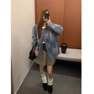 美式渐变复古工装夹克春秋季潮流宽松百搭水洗做旧牛仔外套图片