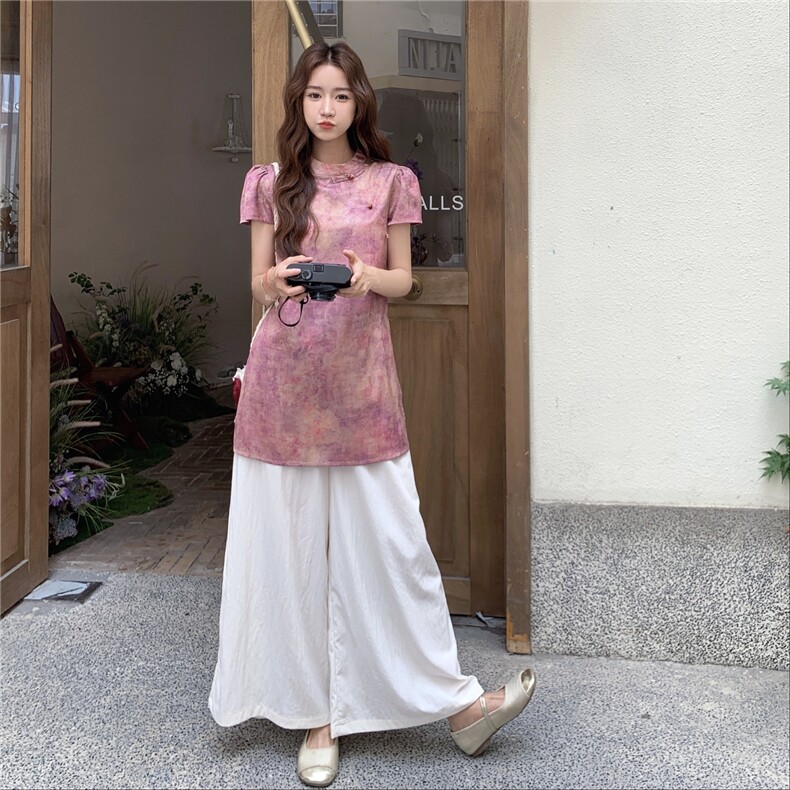 新中式国风甜美衬衫套装裤女夏2025新款ootd穿搭超火阔腿裤两件套,女装套装/套裙,秋水欣儿