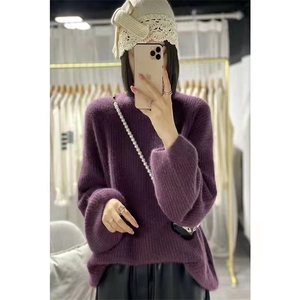 洋气圆领灯笼袖针织衫女秋冬韩版慵懒宽松羊毛打底衫套头毛衣图片