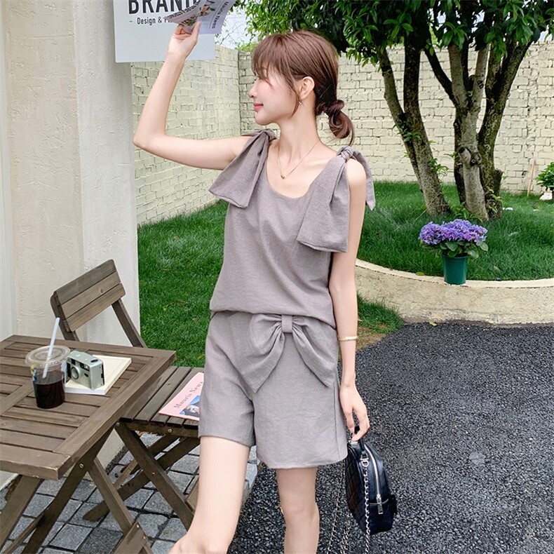 设计感小个子减龄淡人短裤两件套女夏季2025新小众蝴蝶结背心套装图片