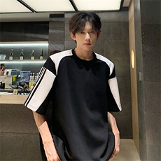 得物抖音品质二开240克重磅宽松纯棉美式高街拼接织带短袖T恤，男装T恤，电商A486
