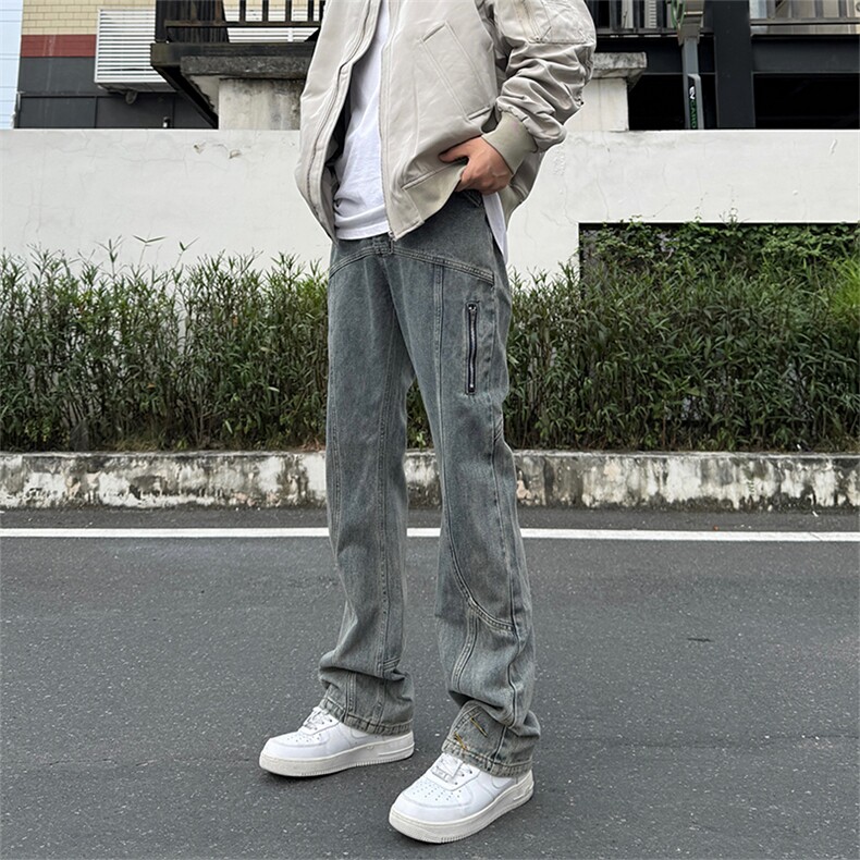 美式高街vibe风直筒长裤欧美痞帅男hiphop复古水洗牛仔裤图片