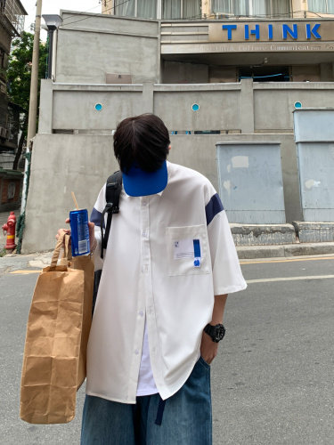 【2025春夏】拼接CITYBOY风中性休闲夏季宽松五分袖男短袖衬衫,男装T恤,星座112A