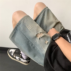 破洞牛仔短裤男女美式vibe复古宽松中裤潮牌街头百搭五分裤-S8128，男装牛仔裤，星座601-2