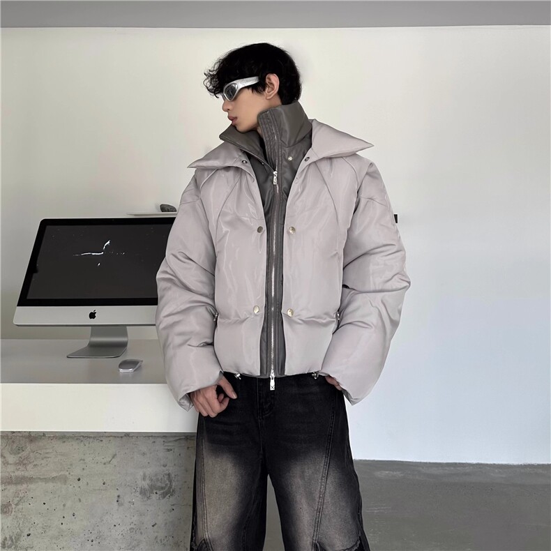 冬季PU皮拼接假两件棉衣男亮面双层小众设计感加厚宽松棉服外套潮,男装棉衣,星座506A