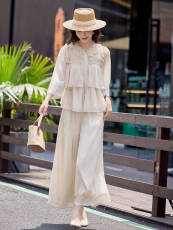 法式温柔风气质套装女2026夏季新款轻薄长袖防晒衬衫阔腿裤两件套，女装套装/套裙，水衣源