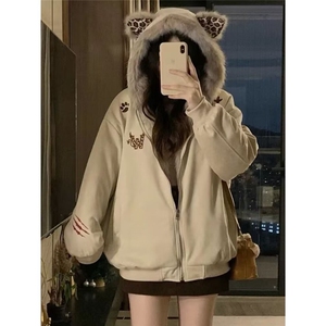 2025冬季美式飞行夹克牛角扣毛领连帽棉服男女宽松派克服外套图片