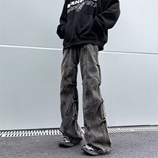 美式高街牛仔裤男韩版潮流褶皱帅2025春季新款ins长裤RK1331-P51，男装牛仔裤，星座412-2