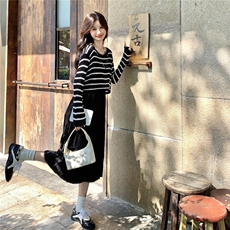 高级感气质减龄显瘦连衣裙女法式a字黑白条纹两件套吊带连衣裙，女装连衣裙，维壹