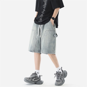 美式高街牛仔短裤男水洗设计感工装潮牌宽松XZ225-3-DK08-P40控58图片