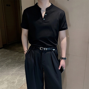 夏季新款简约高克重纯色高级V领正肩短袖T恤男半袖上衣TX1252-P46图片