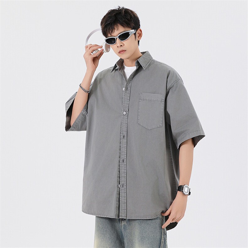 短袖衬衫纯棉夏季五分袖港风潮牌休闲衬衣服A436-0628-P4869,男装衬衫,电商A436