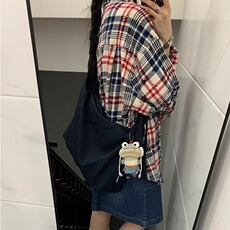 春季美式格子长袖衬衫男女新款磨破休闲宽松情侣外套潮LB4077-P45，男装衬衫，星座1008