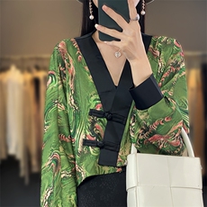 中国风缎面印花V领披肩女新中式复古真丝开衫春夏短款外套上衣，女装T恤，佳绒高端店