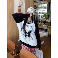 日系甜美蝴蝶提花毛茸茸毛衣女秋冬款黑拼白海军领宽松加厚针织衫，男装针织衫/毛衣，星座506A