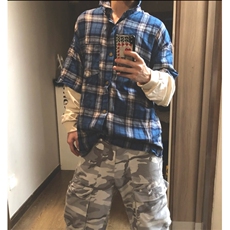 潮春秋潮流常规美式复古假两件拼接格子衬衫长袖标准青少年翻领，男装衬衫，星座601-1
