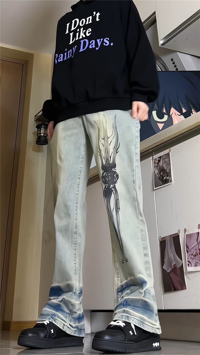 手绘涂鸦复古泥染做旧破洞直筒裤美式废土街头潮牛仔裤G351p50,男装牛仔裤,电商D256