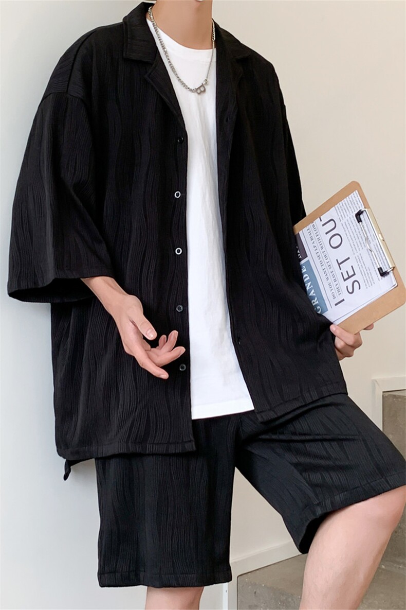 TZ65759/P75港风高品质冰丝短袖衬衫短裤套装男宽松潮两件套控108，男装休闲套装，电商A141