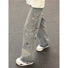 夏季趣味小狗刺绣阔腿牛仔裤女夏季新款宽松直筒裤A8052-P47，男装牛仔裤，星座208-5