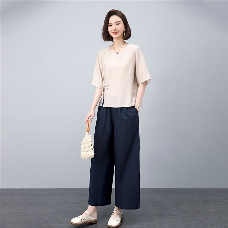 高端天丝麻上衣亚麻裤子2025夏装新款古风小衫两件套,女装套装/套裙,凝聚力