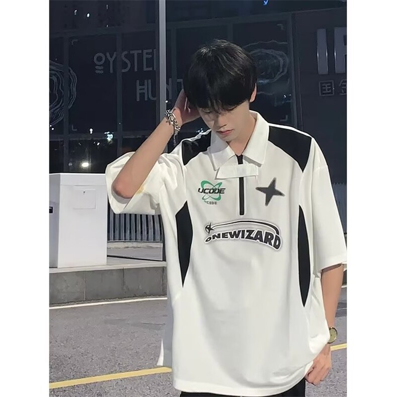 半拉链t恤男polo衫美式复古高街短袖潮牌潮流夏季体恤PL133-P32,男装Polo衫,星座1008-2