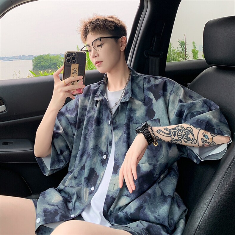 2025美式扎染印花冰丝凉感短袖衬衫薄套装 TZ2345/特P45 灰绿2图片