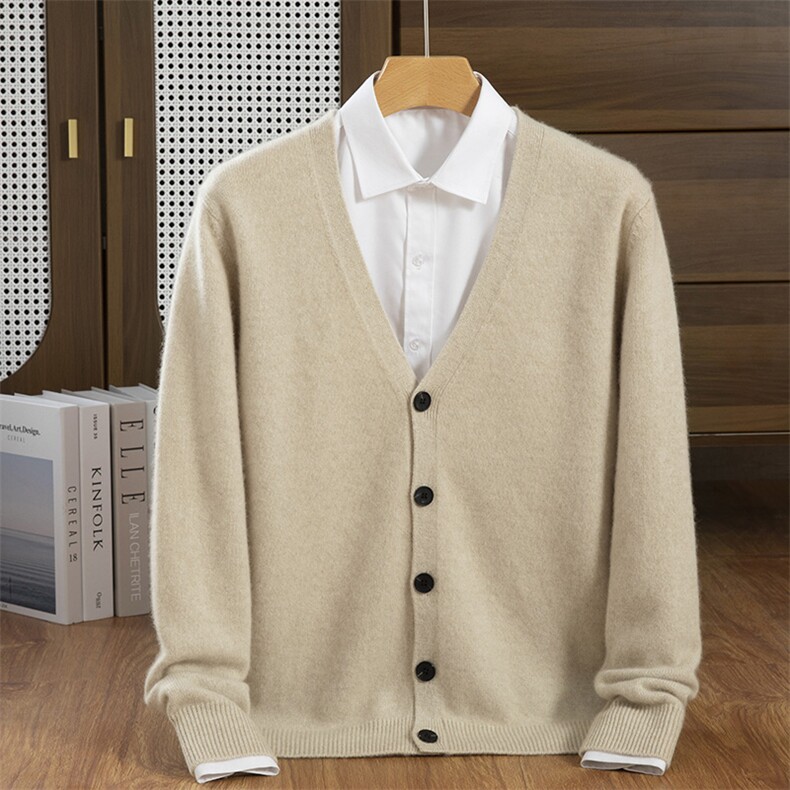 秋冬V领羊毛开衫男士大码宽松休闲毛衣加厚修身羊绒衫针织羊毛衫，男装羊绒开衫，隆格羊绒