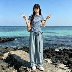 女夏季新款时尚休闲套装蓝色波点上衣烫钻阔腿牛仔长裤两件套显瘦，女装套装/套裙，江南