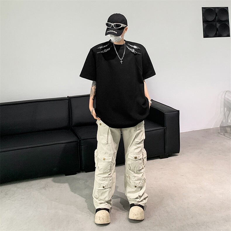 潮流金属扣拼接结构设计感圆领短袖纯色宽松T恤男T310-P45控68,男装T恤,星座310A-3