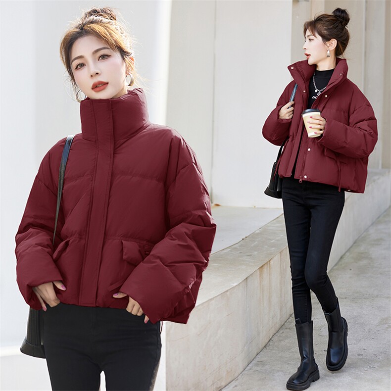 短款羽绒服女2024冬新款小个子超好看韩系红色立领轻便保暖面包服，女装羽绒服，关键词