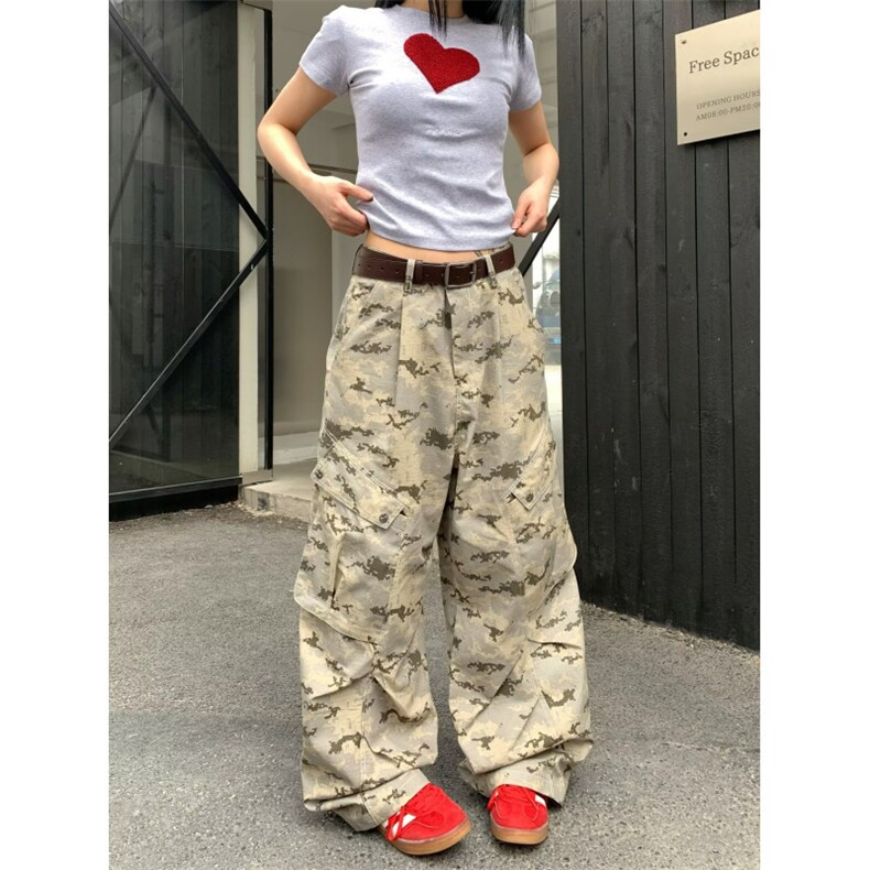 复古沙漠迷彩多口袋弯刀工装裤廓形阔腿伞兵牛仔裤K8310-P56网图，女装牛仔裤，电商B245