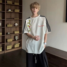 抖音得物品质二开240克宽松纯棉美式潮牌印花三条杠中性风短袖T恤，男装T恤，电商A486