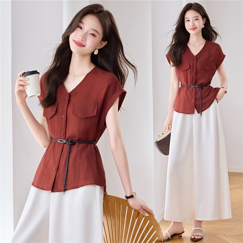 时尚轻熟风气质女2025夏新款时尚通勤V领衬衫，女装衬衫，罗腾