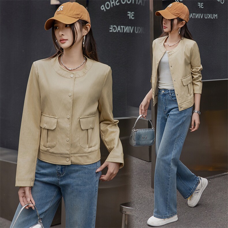 2025春秋季新款高级感质感长袖短款圆领pu皮衣夹克欧美时尚外套女，女装皮衣，江南女神